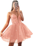 Glitter Tulle Homecoming Dresses for Teens Spaghetti V Neck Short Prom Dresses A Line Mini Cocktail Party Gowns