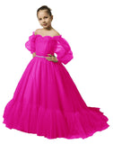 Puffy Sleeves Flower Girl Dress for Wedding Tulle Princess Pageant Dress Kids Prom Ball Gown with Belt