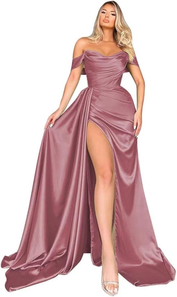 Off Shoulder Satin Bridesmaid Dresses Long Formal Gown for Wedding Ruched Prom Dress with Slit