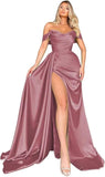 Off Shoulder Satin Bridesmaid Dresses Long Formal Gown for Wedding Ruched Prom Dress with Slit