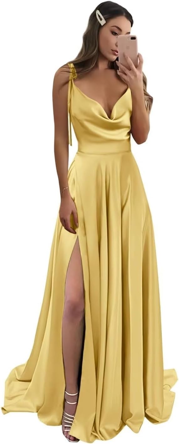 Vestidos de fiesta largos de satén con abertura alta para mujer, 2024, tirantes finos ajustables, vestidos de fiesta formales con bolsillos 