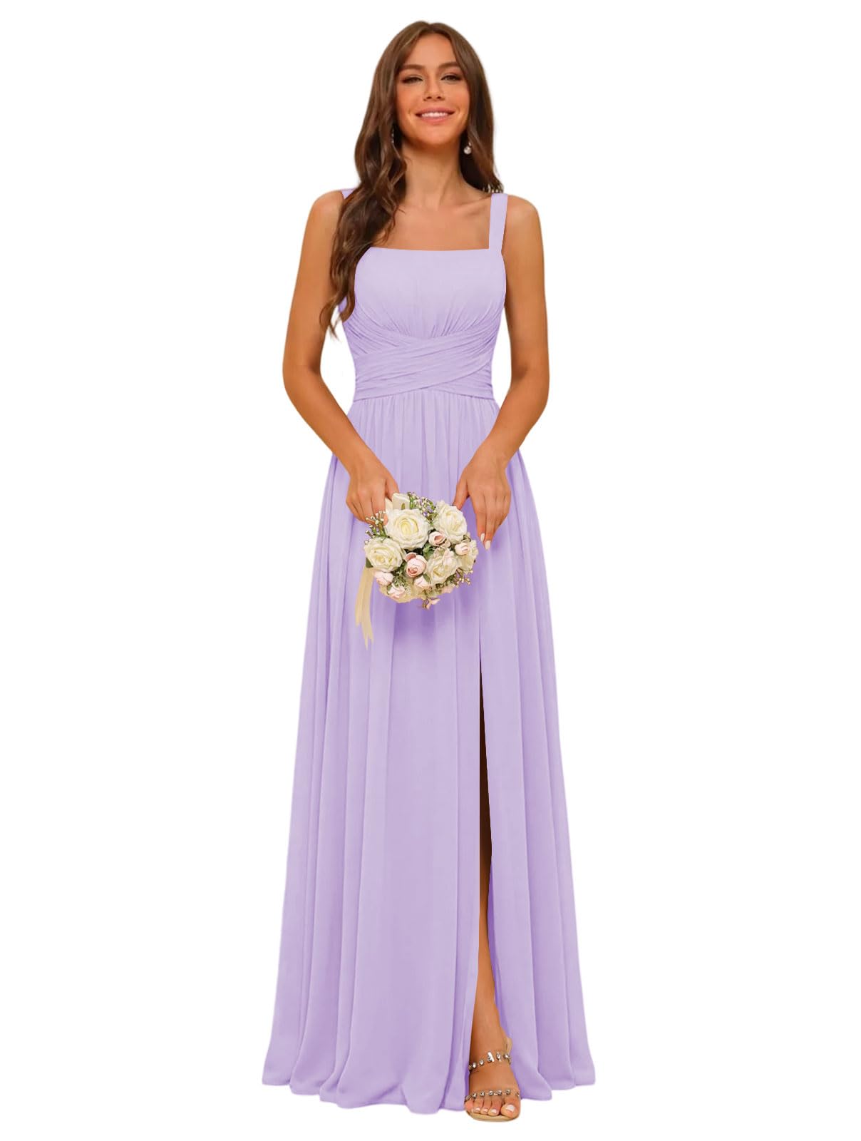 Square Neck Bridesmaid Dress Spaghetti Straps Chiffon Long Formal Dress for Women