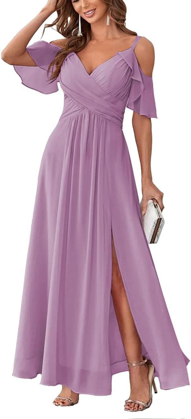 Women's Cold Shoulder Bridesmaid Dresses Long Summer Side Slit Chiffon Formal Evening Gown with Pockets