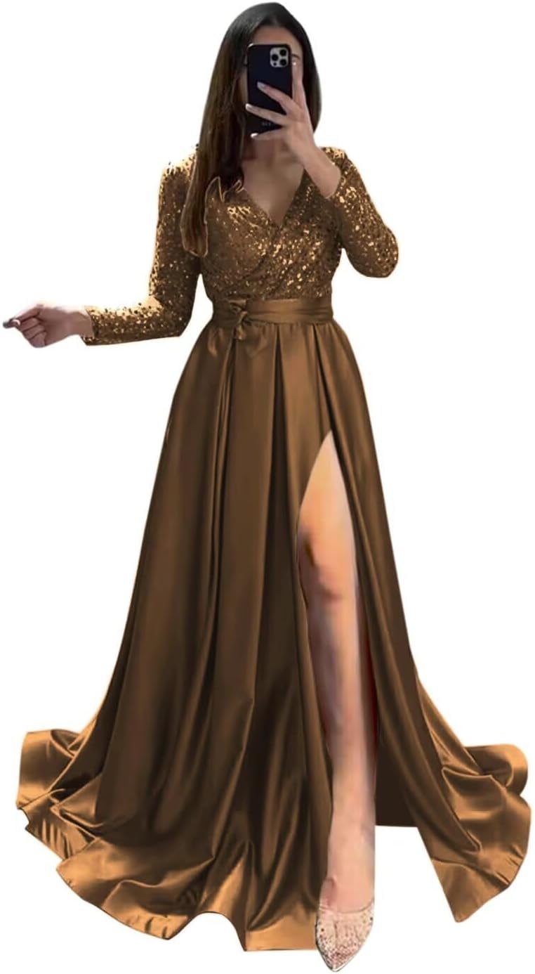 Long Sleeve Sequin Prom Dresses for Women 2027 Satin Formal Dress Sparkly Slit Evening Party Gown with Pocket