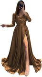 Long Sleeve Sequin Prom Dresses for Women 2027 Satin Formal Dress Sparkly Slit Evening Party Gown with Pocket
