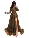 Long Sleeve Sequin Prom Dresses for Women 2027 Satin Formal Dress Sparkly Slit Evening Party Gown with Pocket