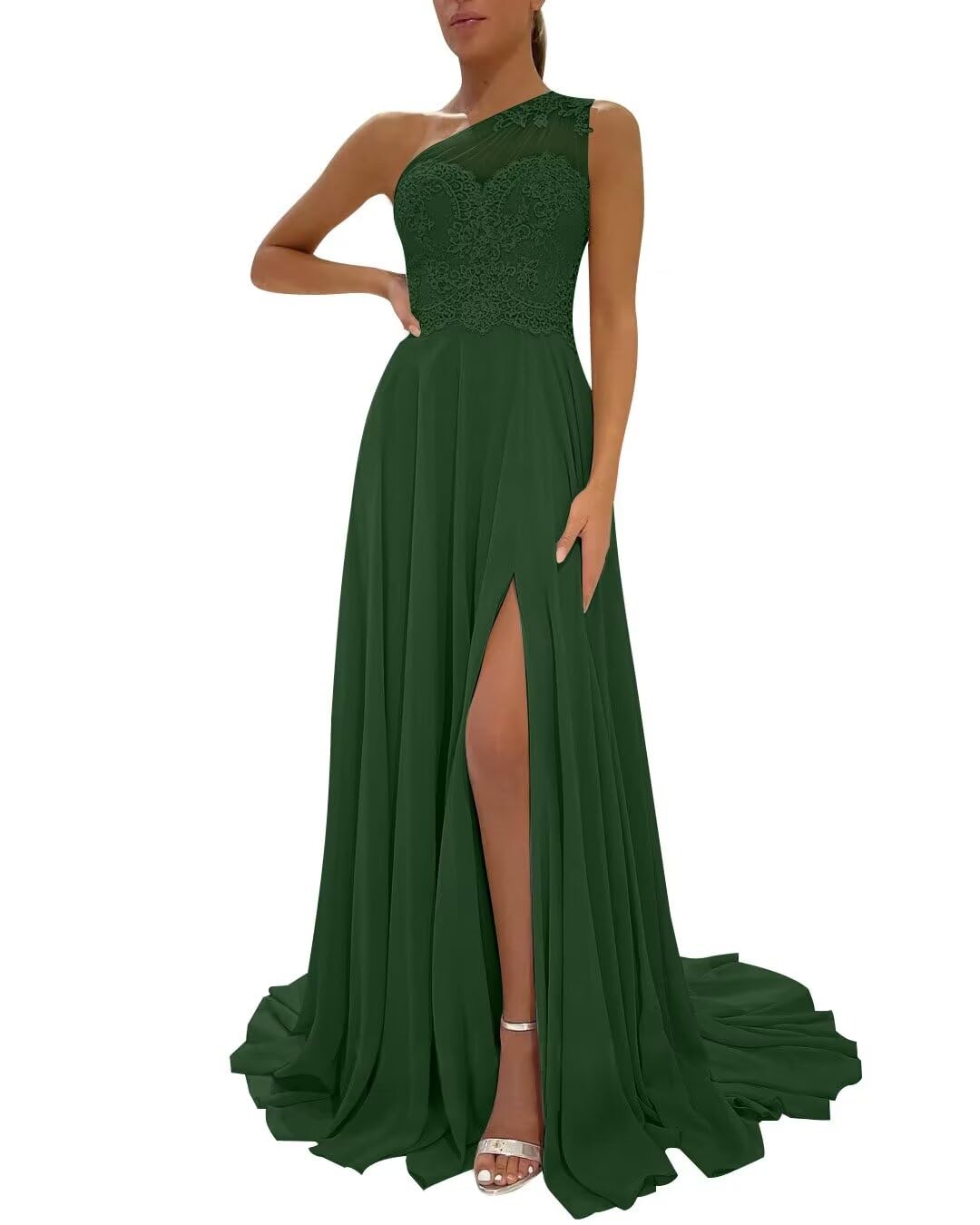 One Shoulder Chiffon Bridesmaid Dresses for Wedding 2026 Lace A-Line Slit Formal Evening Party Gown with Pockets