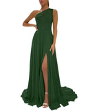 One Shoulder Chiffon Bridesmaid Dresses for Wedding 2026 Lace A-Line Slit Formal Evening Party Gown with Pockets
