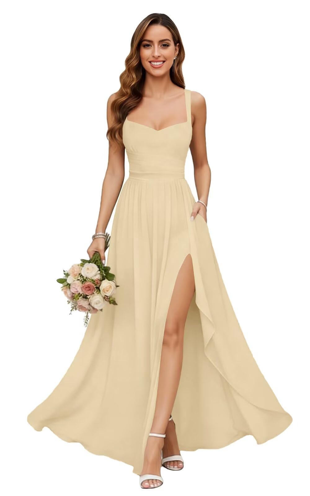 Chiffon Bridesmaid Dresses for Women Long Spaghetti Straps A-line Pleated Formal Evening Party Gowns with Pockets