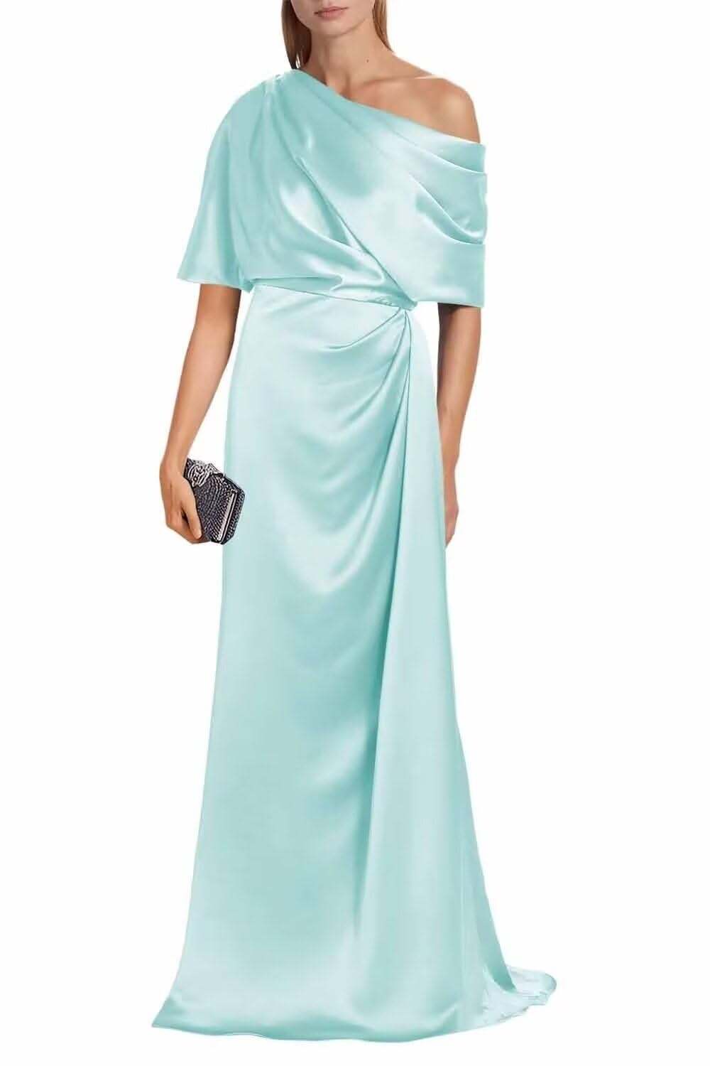 Satin Mother of The Bride Dresses for Wedding One Shoulder Formal Dress with Sleeves Mermaid Evening Party Gowns