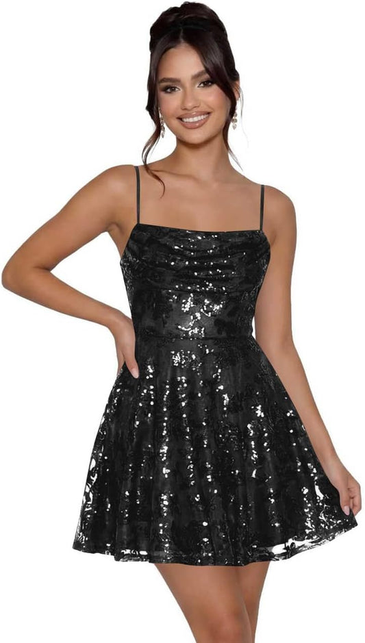 Sequin Homecoming Dresses for Women Pleated Short Prom Dress Lace A Line Graduation Dress Short Sequin Homecoming Dresses for Teens 2026 A Line Cowl Neck Cocktail Gown