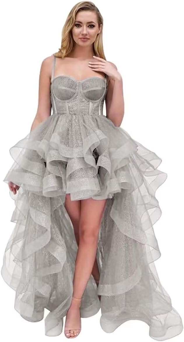 Spaghetti Cocktail Party Dress for Women High-Low Ruffled Summer Dress Long Trailing Prom Ball Gown