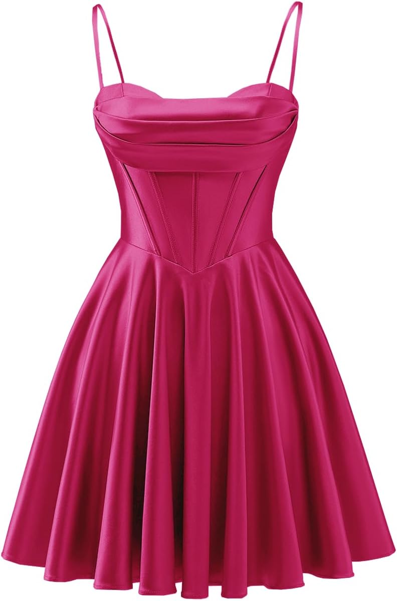 Spaghetti Straps Satin Homecoming Dresses for Teens Ruched Corset Short Prom Dresses 2026