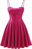 Spaghetti Straps Satin Homecoming Dresses for Teens Ruched Corset Short Prom Dresses 2026