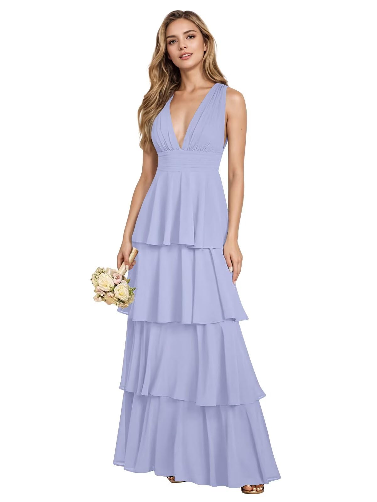 V Neck Chiffon Bridesmaid Dresses for Women 2027 Long Tiered A-Line Ruffles Formal Evening Party Dress