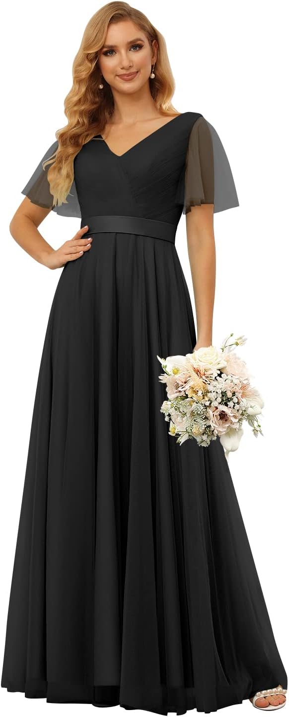 Damen Brautjungfernkleider mit Flatterärmeln, Tüll, lang, V-Ausschnitt, Empire-Taille, formelles Kleid 