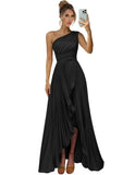 One Shoulder Bridesmaid Dresses for Women Satin Pleated Long A Line Formal Prom Evening Party Dress with Slit