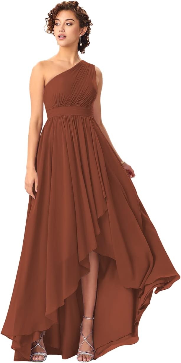 Women's One Shoulder Bridesmaid Dresses High Low Chiffon Formal Party Gowns with Pockets