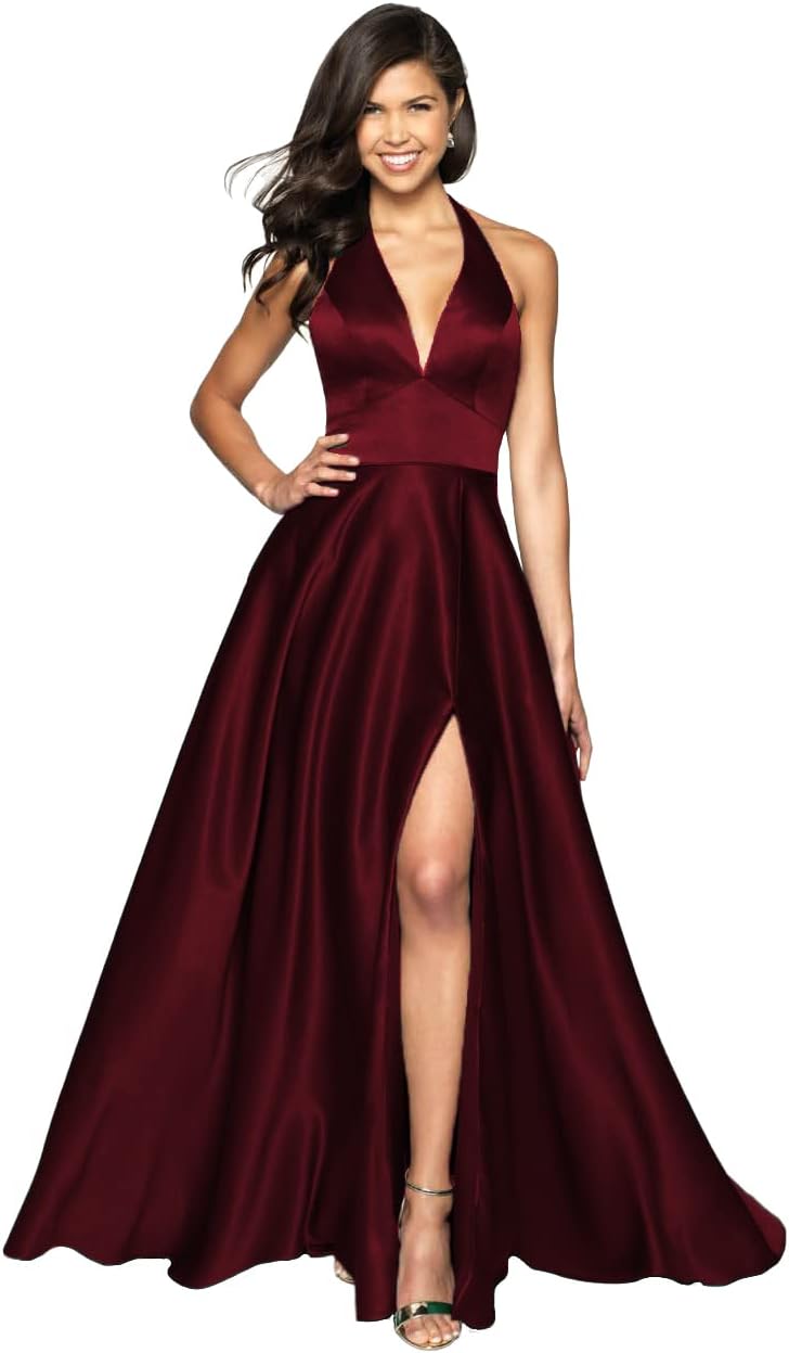 Womens Satin Prom Dresses Long with Slit Halter Evening Formal Gowns for Women with Pockets
