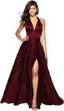 Womens Satin Prom Dresses Long with Slit Halter Evening Formal Gowns for Women with Pockets