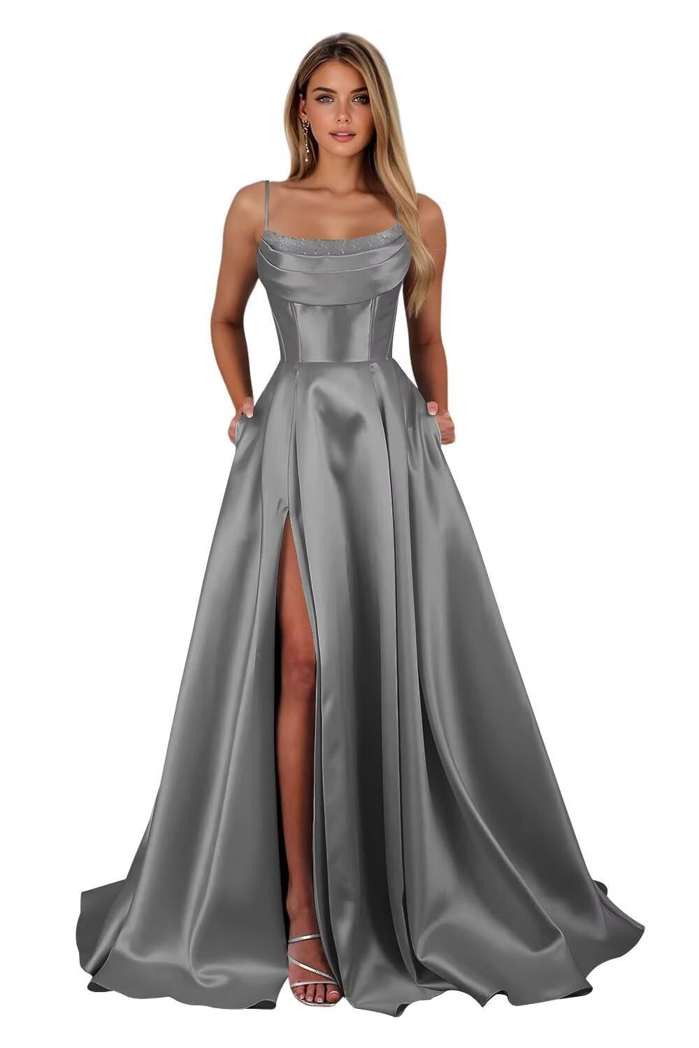 Satin Prom Dresses for Teens Long A-Line Cowl Neck Formal Evening Gown with Slit 2026 Maxi Ball Gowns