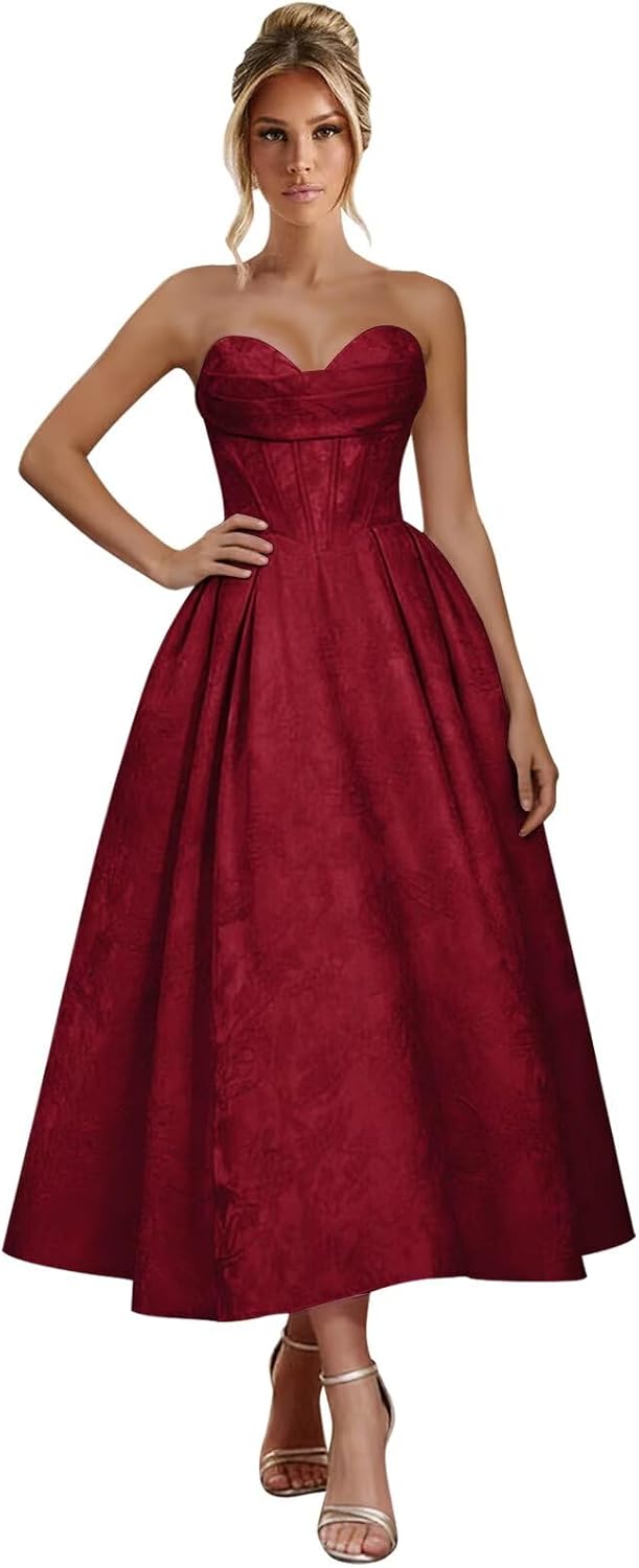 Jacquard Satin Prom Dresses for Women Strapless Tea Length Sweetheart Neck A-line Formal Party Dress with Pockets