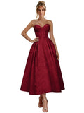 Jacquard Satin Prom Dresses for Women Strapless Tea Length Sweetheart Neck A-line Formal Party Dress with Pockets