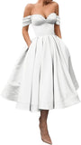 A Line Off Shoulder Prom Dresses for Women Satin Tea Length Cocktail Party Dresses with Pockets