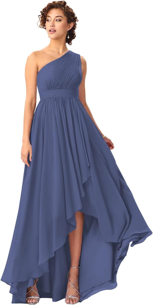 Women's One Shoulder Bridesmaid Dresses High Low Chiffon Formal Party Gowns with Pockets