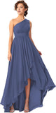 Women's One Shoulder Bridesmaid Dresses High Low Chiffon Formal Party Gowns with Pockets