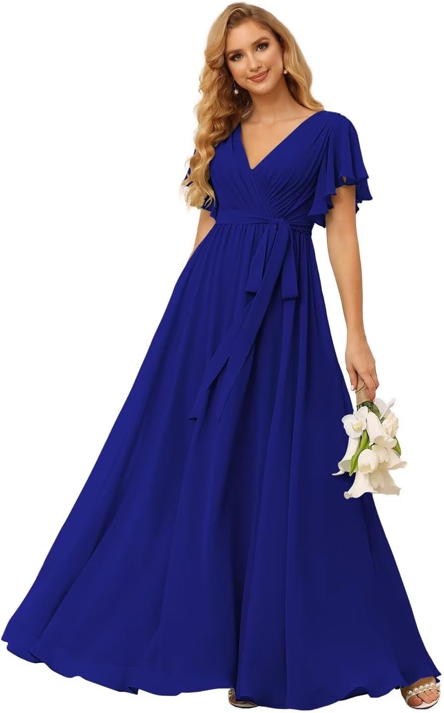 Damen Brautjungfernkleider mit Flatterärmeln, lang, mit Taschen, V-Ausschnitt, Chiffon, formelle Kleider 