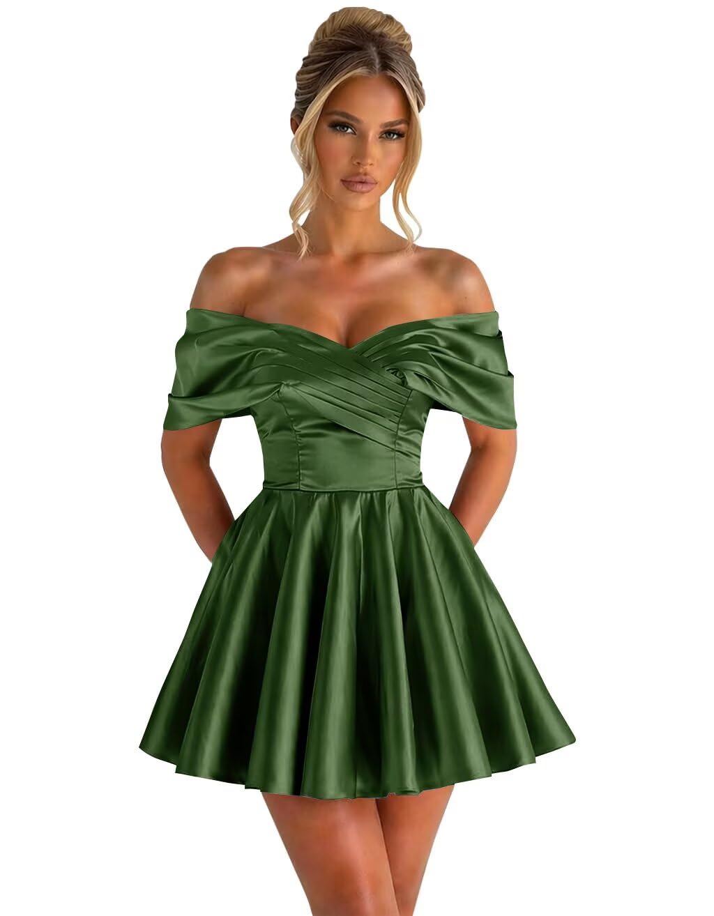 Off Shoulder Satin Homecoming Dresses for Teens 2026 Short Prom Dress A-line Pleated Cocktail Party Gowns