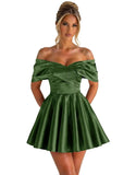 Off Shoulder Satin Homecoming Dresses for Teens 2026 Short Prom Dress A-line Pleated Cocktail Party Gowns