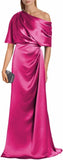 Satin Mother of The Bride Dresses for Wedding One Shoulder Formal Dress with Sleeves Mermaid Evening Party Gowns