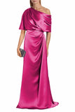 Satin Mother of The Bride Dresses for Wedding One Shoulder Formal Dress with Sleeves Mermaid Evening Party Gowns