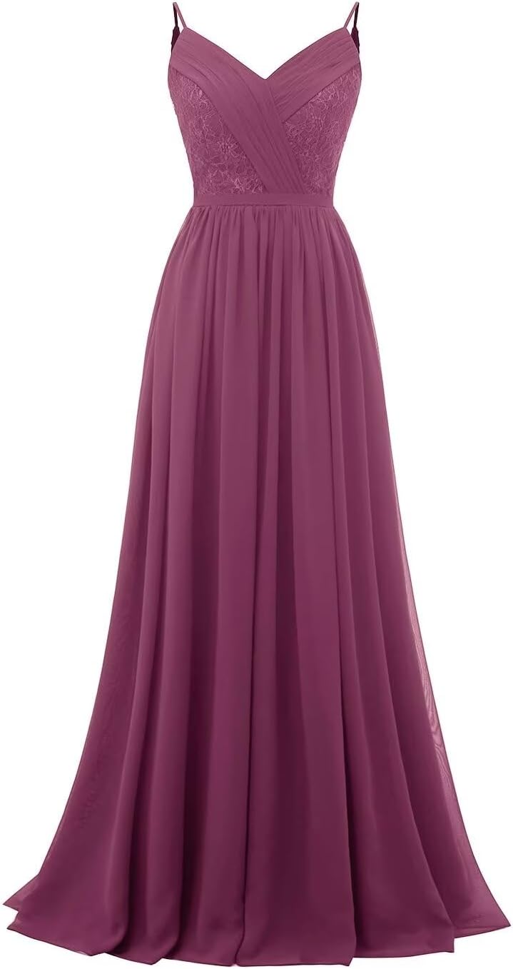 Women's Lace Chiffon Bridesmaid Dresses for Wedding Long Spaghetti Straps Bodice Formal Party Gown with Pockets