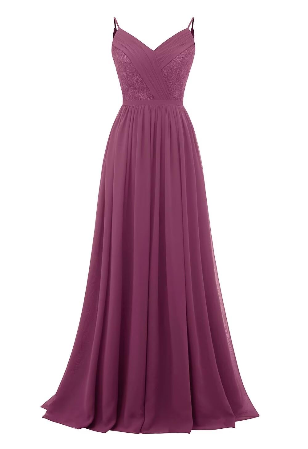 Women's Lace Chiffon Bridesmaid Dresses for Wedding Long Spaghetti Straps Bodice Formal Party Gown with Pockets