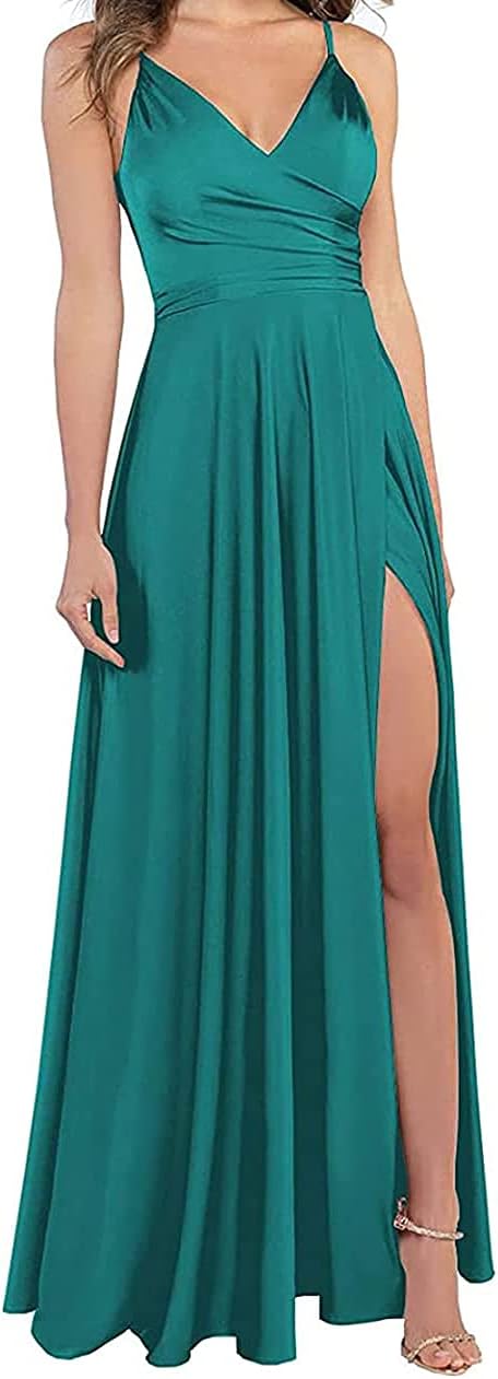 Lange Brautjungfernkleider für Frauen, formelle Satin-Spaghettiträger, Abschlussball- und Abendkleider 