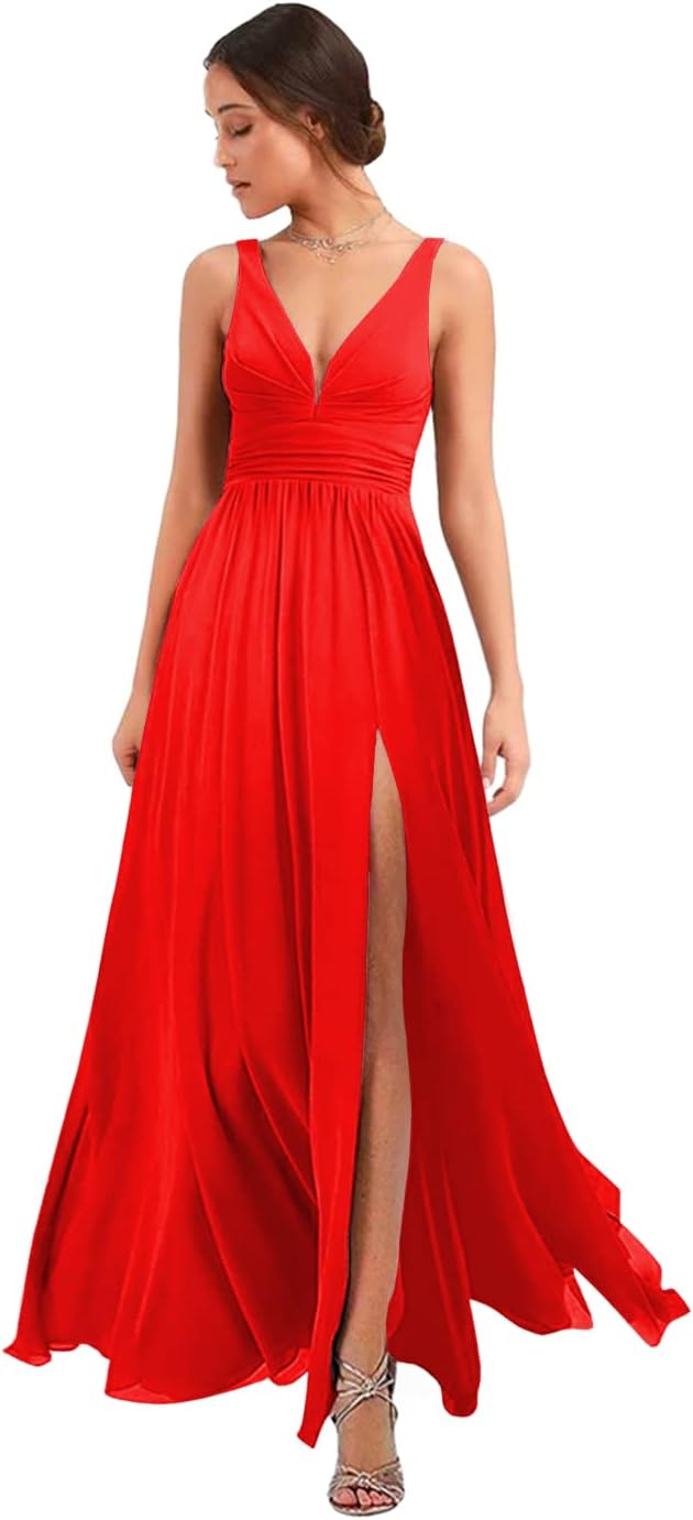 Women's Deep V Neck Bridesmaid Dresses with Slit Chiffon Pleats A Line Formal Party Dresses with Pockets