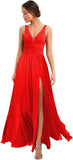 Women's Deep V Neck Bridesmaid Dresses with Slit Chiffon Pleats A Line Formal Party Dresses with Pockets