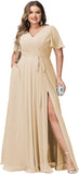 Plus Size Bridesmaid Dresses with Pockets V Neck Chiffon Flutter Sleeves Formal Evening Gowns with Slit