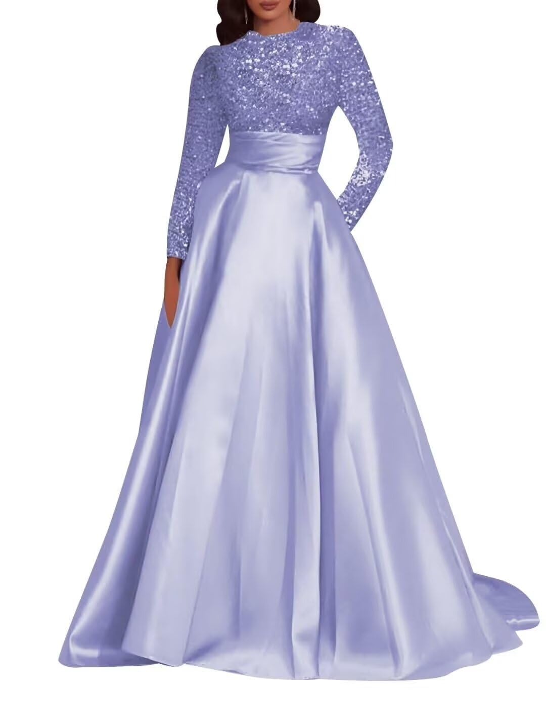 Kingbridal Gowns Long Sleeve Sequin Prom Dresses for Women Satin A-line Formal Dress 2026 Sparkly Evening Party Gowns with Pockets