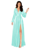 Kingbridal Gowns Long Sleeve Satin Bridesmaid Dresses for Women Long A-Line V-Neck Pleated Formal Evening Party Ball Gown with Slit