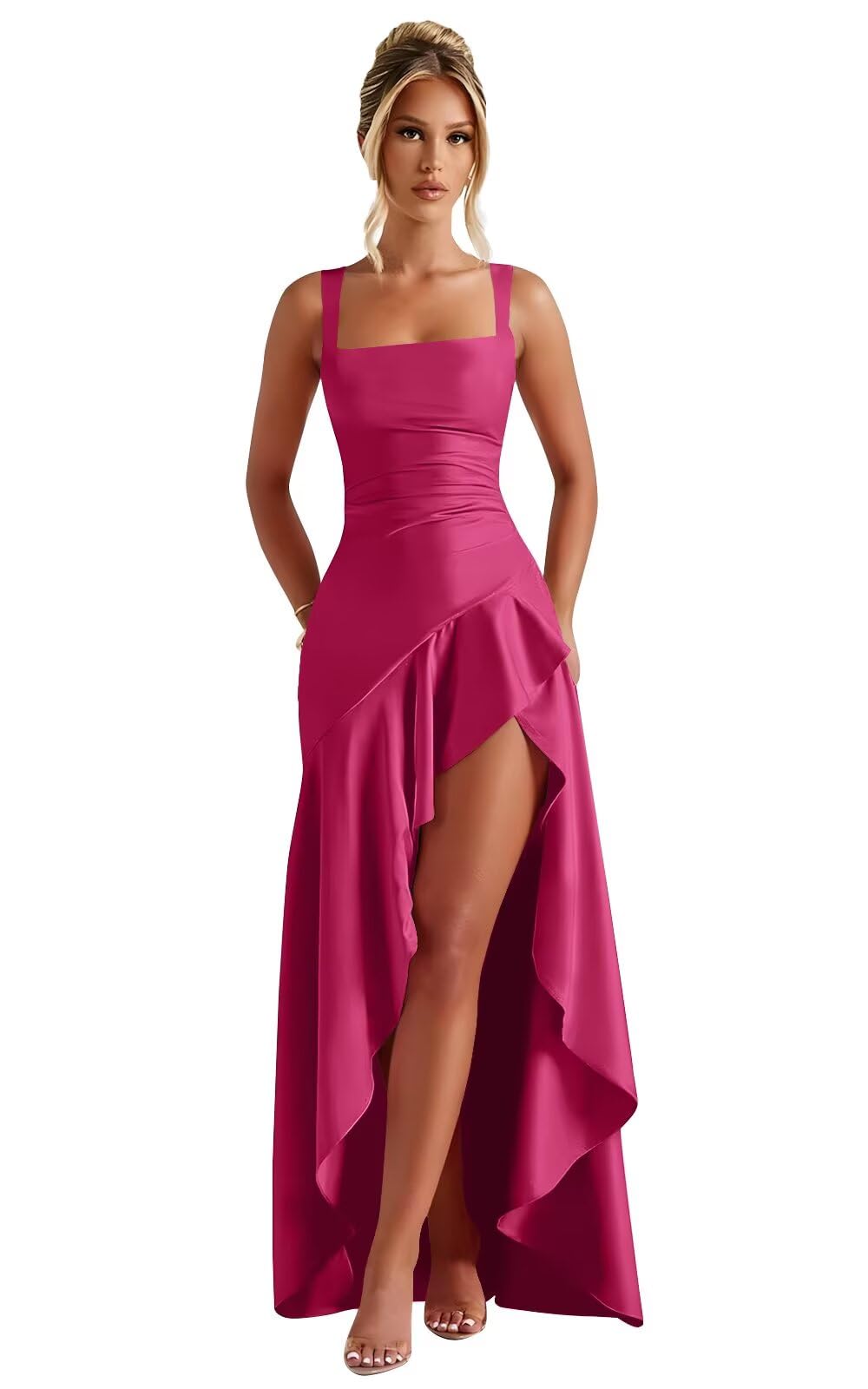 Mermaid Satin Bridesmaid Dresses for Women 2027 Long Ruffles High Low Prom Formal Evening Party Dress with Slit