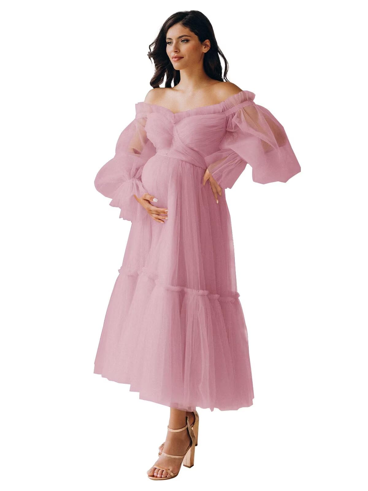 Eightale Tulle Tea Length Maternity Dresses for Photo Shoot Long Sleeve Pregnancy Gown for Baby Shower