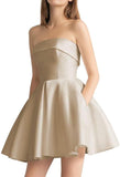 Women's Strapless Satin Short Prom Dresses with Pocket A Line Glitter Homecoming Dress Short Evening Party Ball Gown