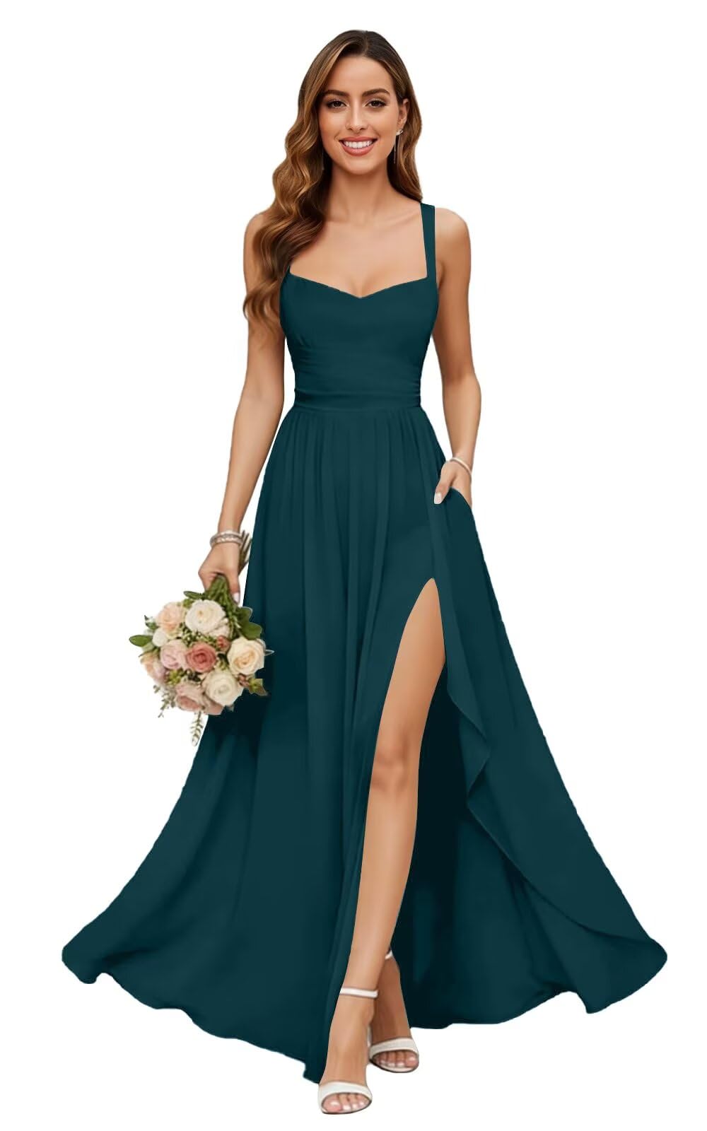 Chiffon Bridesmaid Dresses for Women Long Spaghetti Straps A-line Pleated Formal Evening Party Gowns with Pockets