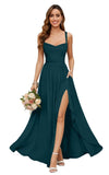 Chiffon Bridesmaid Dresses for Women Long Spaghetti Straps A-line Pleated Formal Evening Party Gowns with Pockets