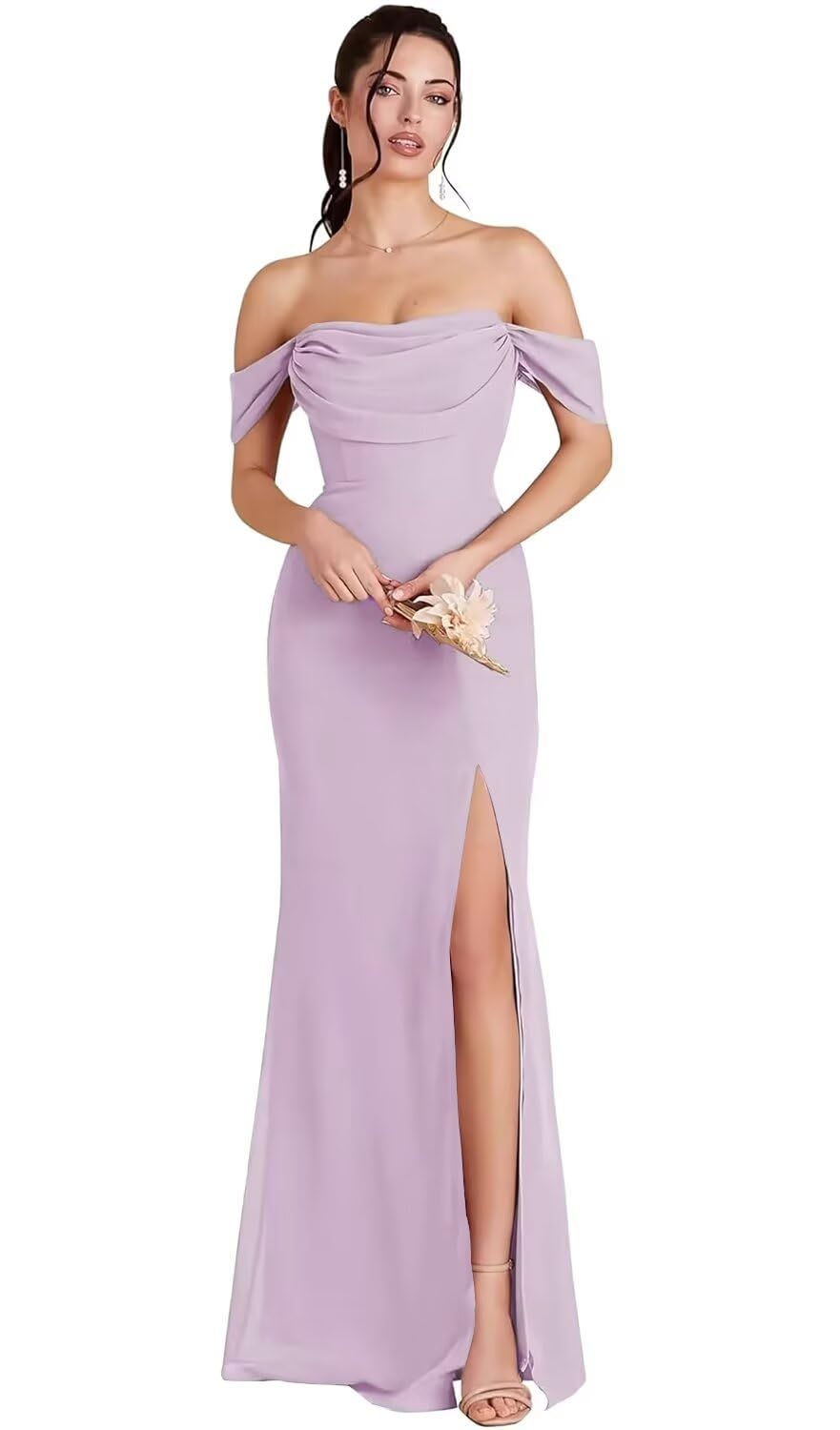 Kingbridal Gowns Off Shoulder Chiffon Bridesmaid Dresses for Women 2026 Long Ruched Cowl Neck Formal Evening Party Dress with Slit