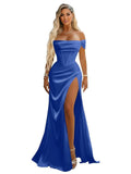 Off Shoulder Mermaid Prom Dresses with Slit 2027 Long Satin Pleated Formal Dress for Women Evening Party